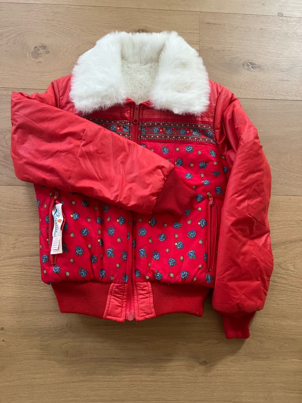 Red Floral Bomber Jacket with White Faux Fur Collar and Inside